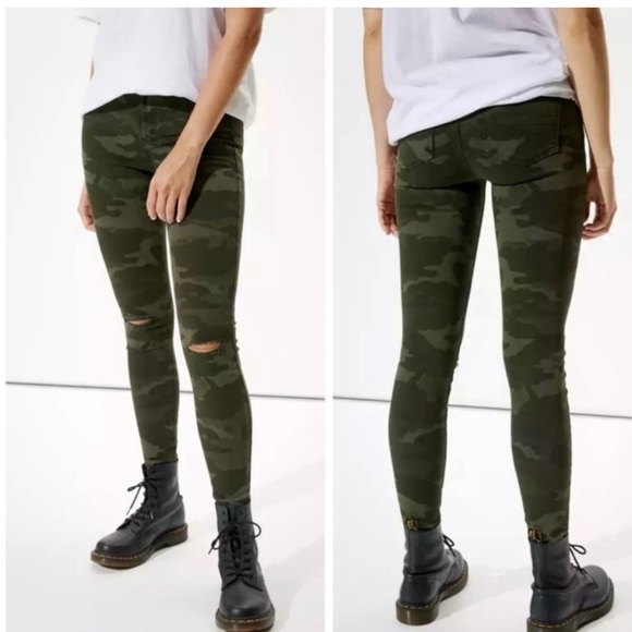 American Eagle Outfitters AEO Camo Green Ripped Stretch High Waisted Jeans - Picture 2 of 10